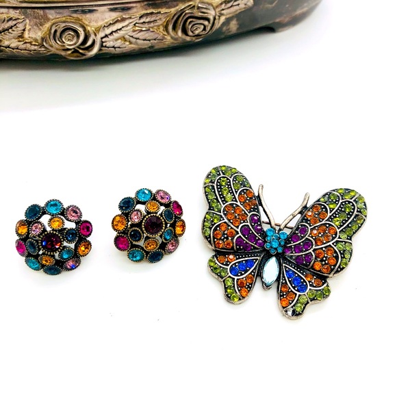 Vintage Jewelry - Vintage Rhinestone Earrings & Butterfly Brooch